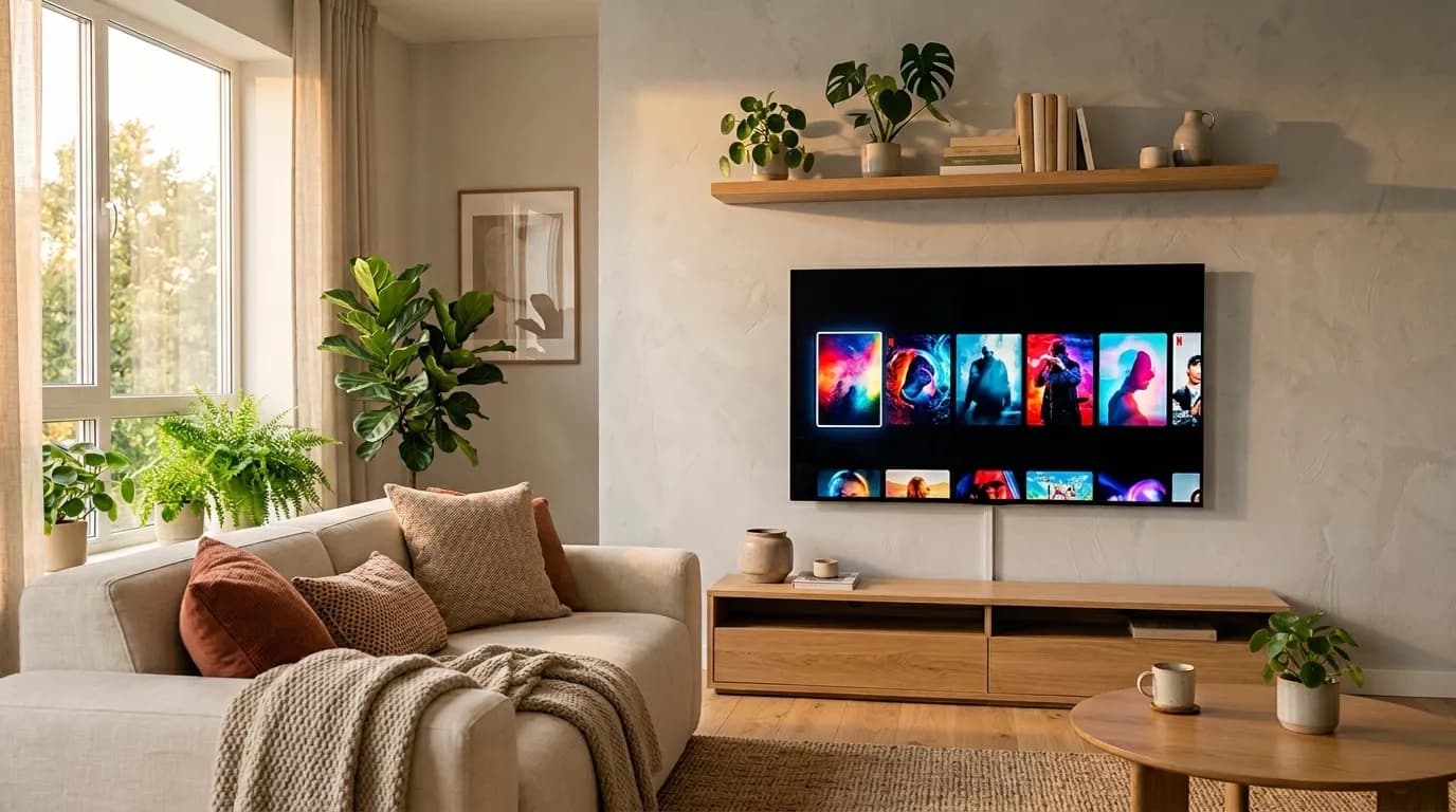 Sala brasileira moderna com Smart TV LG montada na parede