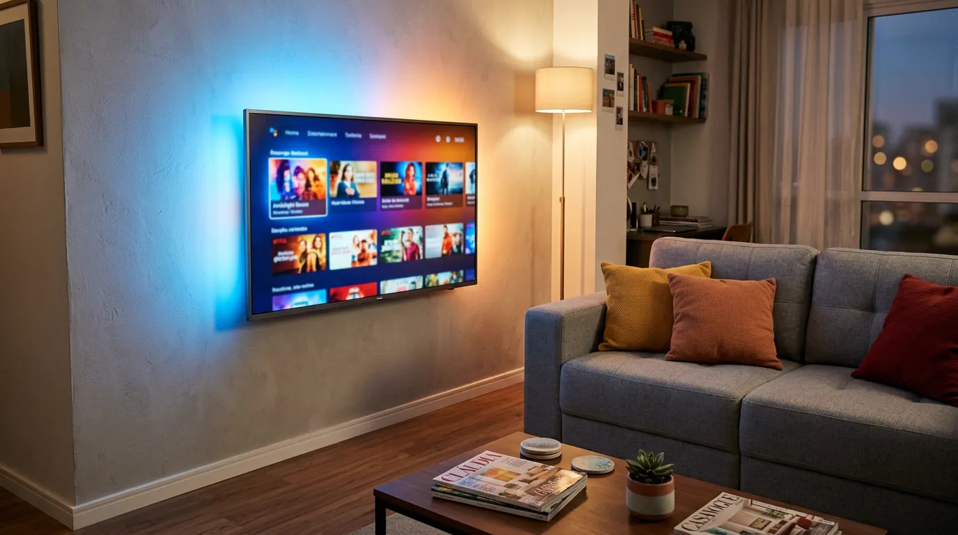 Sala brasileira moderna com Smart TV Philips montada na parede