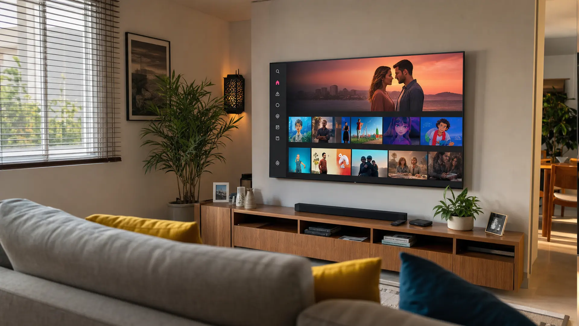 Sala de estar moderna com Smart TV grande exibindo interface de streaming