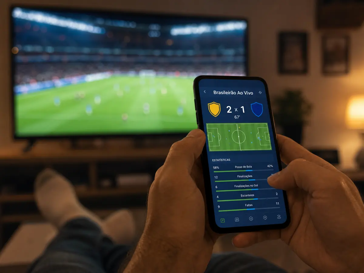 Smartphone exibindo placar do Brasileirão ao vivo com TV ao fundo desfocada também passando jogo