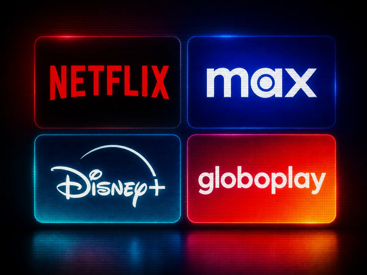 Mosaico de logos Netflix, Max, Disney+ e Globoplay sobre fundo escuro com efeito de tela de TV
