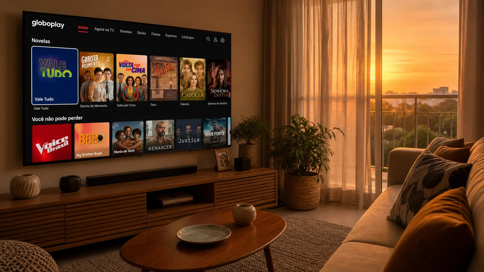 Smart TV exibindo o app Globoplay com grid de novelas e programas Globo