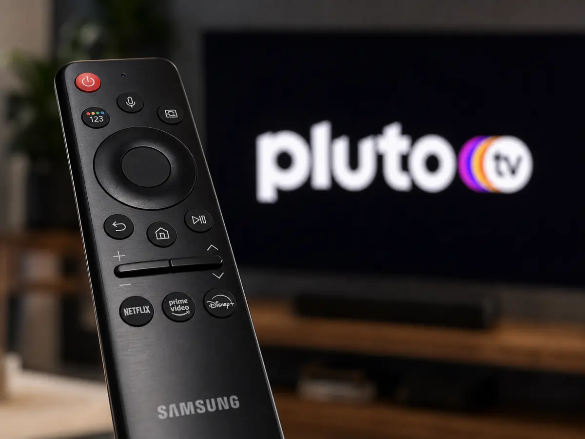 Controle remoto de Smart TV apontado pra TV exibindo logo do Pluto TV ao fundo