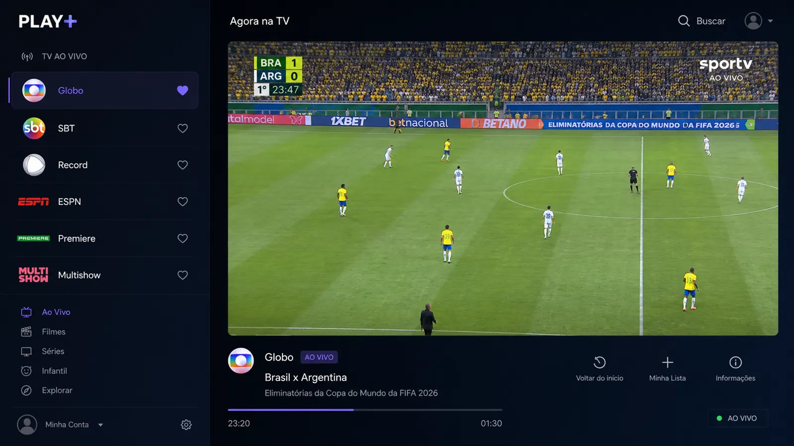 Interface do app IPTV mostrando lista de canais ao vivo com Globo, SBT, Record e ESPN exibindo jogo de futebol