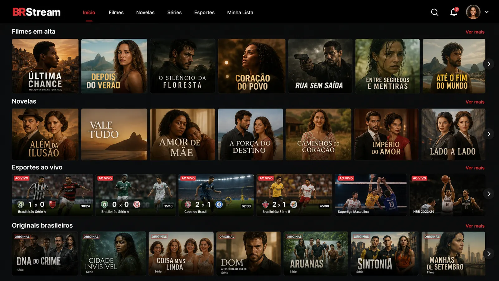 Interface do app IPTV em modo escuro com grade de filmes brasileiros e categorias